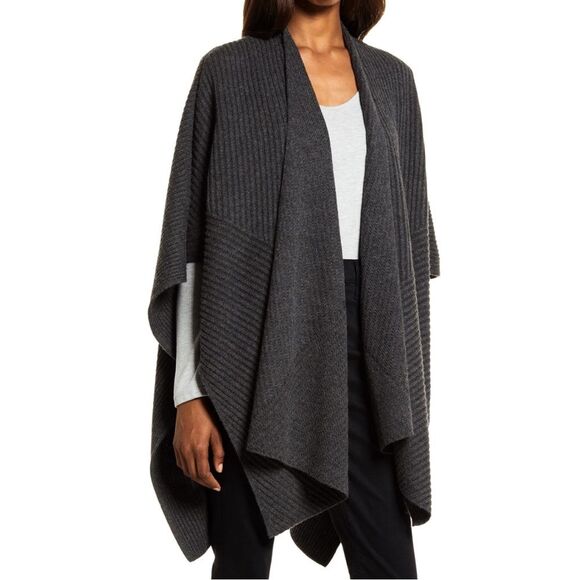 All Saints Rib Knit Ruana Charcoal Oversized Cardigan Wrap Dark Gray OS - Picture 1 of 8